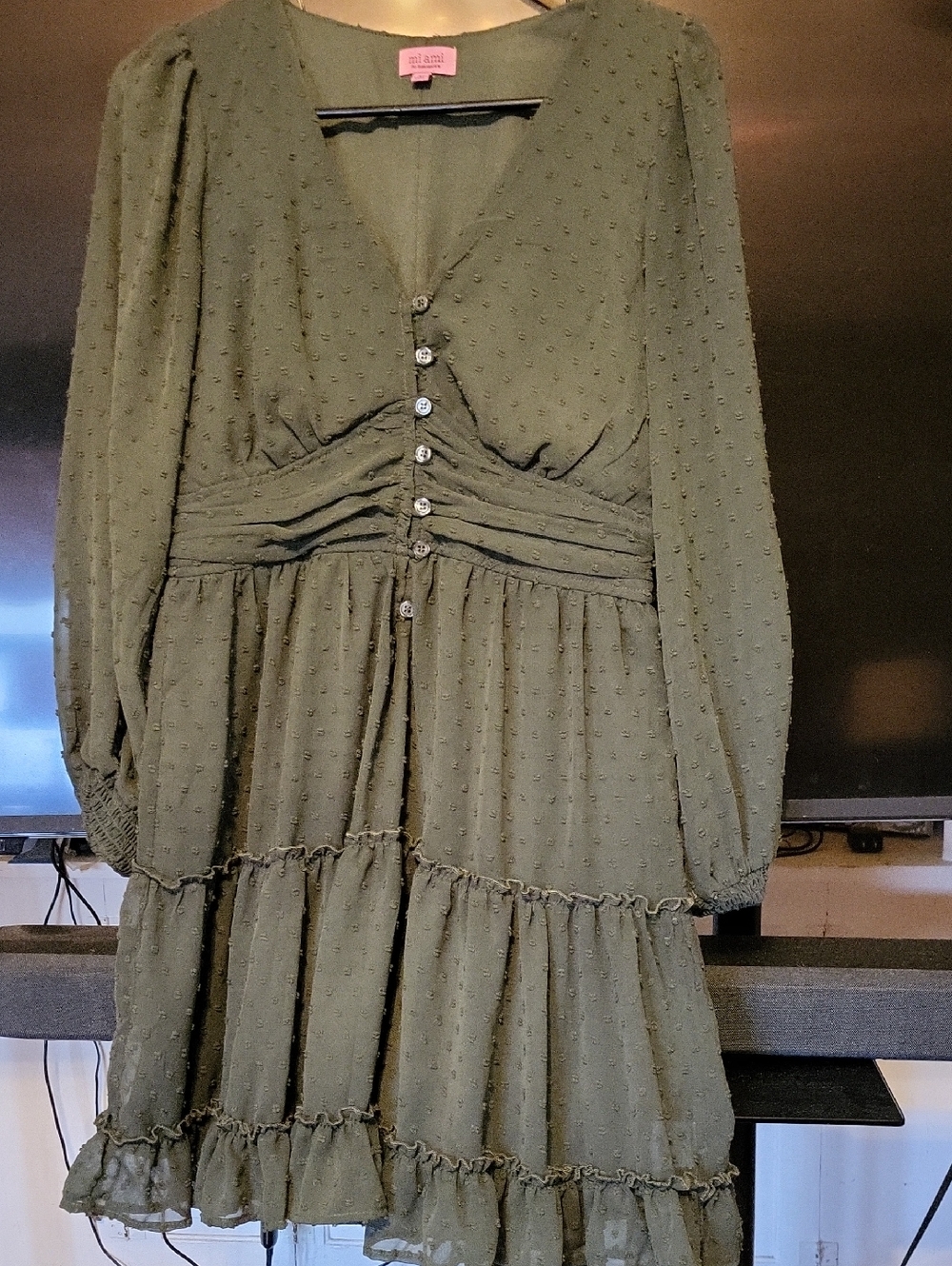 miami Olive Long Sleeve Swiss Dot Tiered Dress